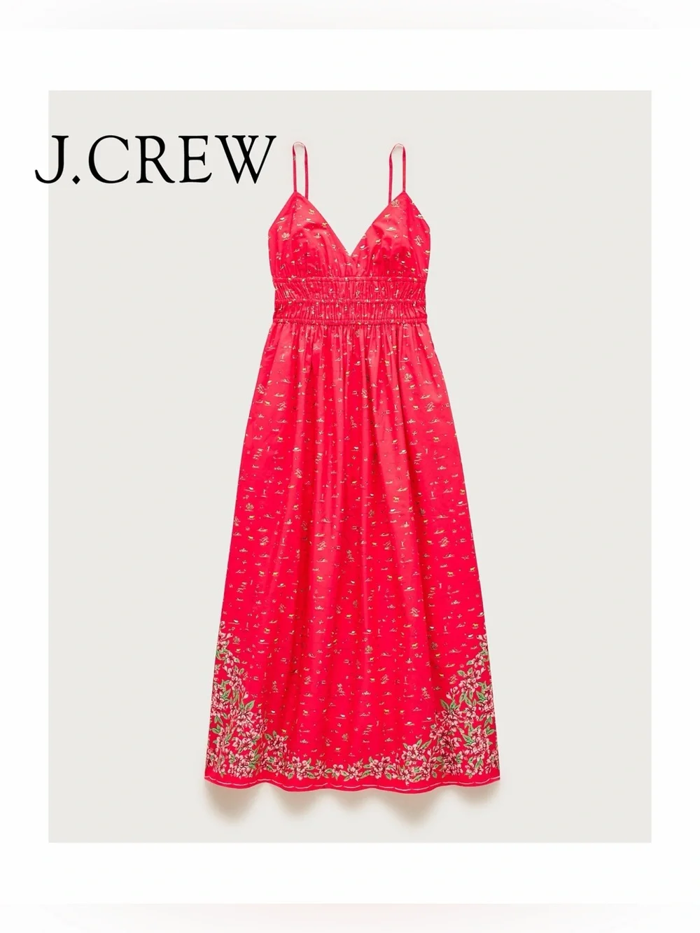 🆕 NWT J.Crew Smocked-waist V-neck dress in map print, California Poppy size 6